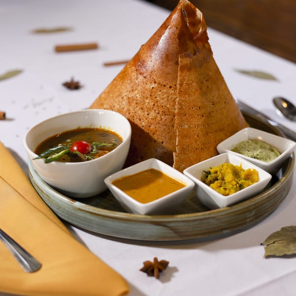 Crispy golden dosa, shaped like a cone, served with three small bowls of chutneys and a bowl of sambar.